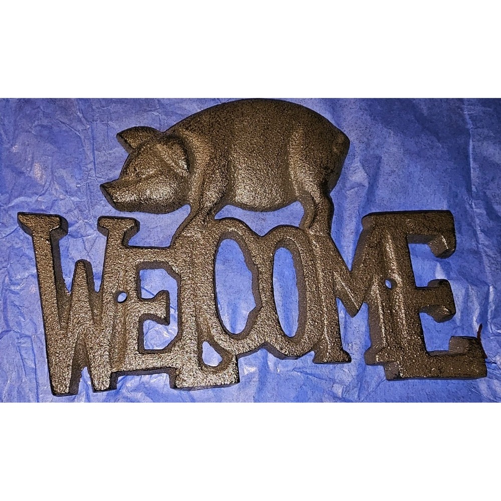 Cast Iron Welcome Pig Sign Farmhouse Wall Art Rustic Front Door Porch Home Decor
